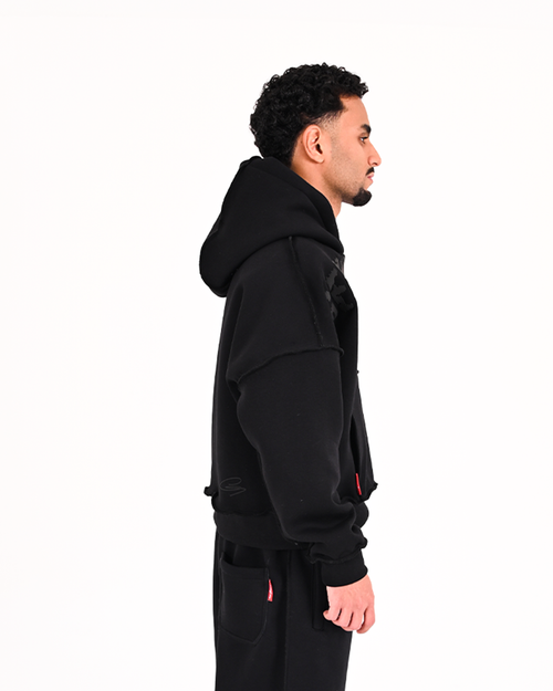 BLACK ON BLACK RAW HOODIE