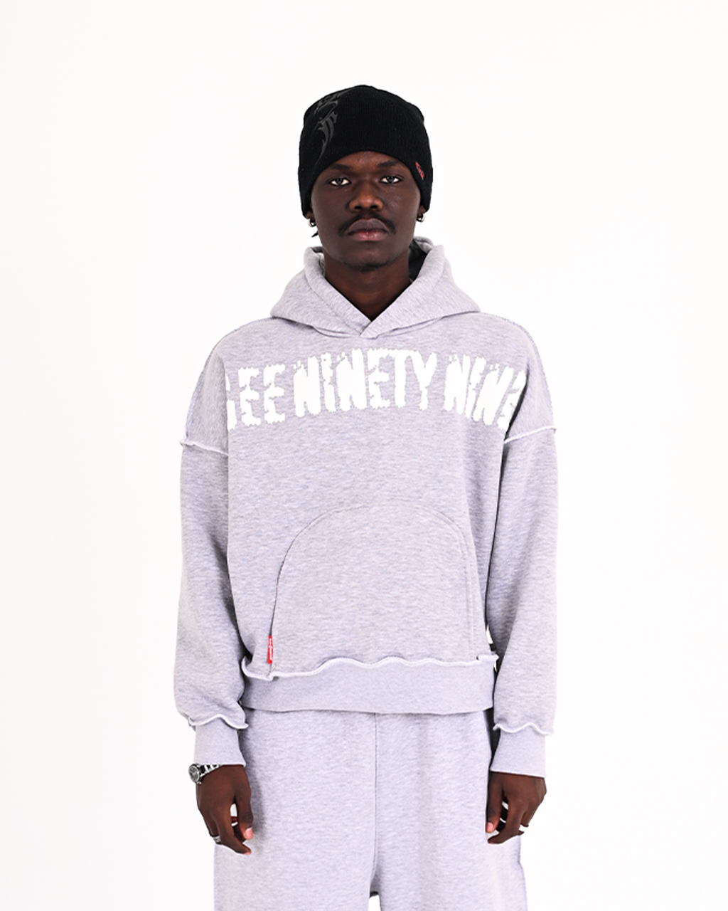 WHITE ON GREY RAW HOODIE