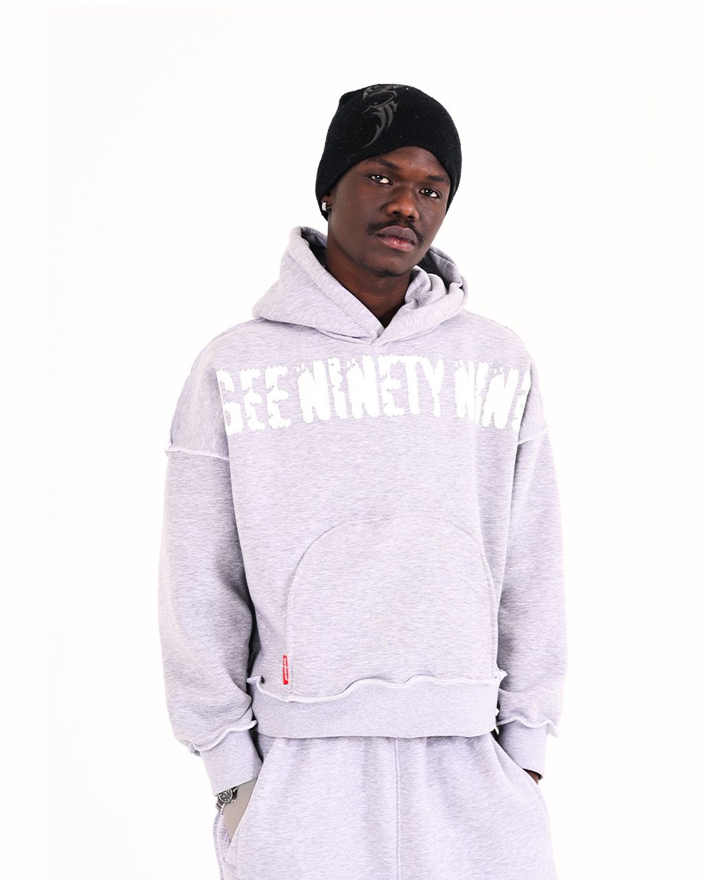 WHITE ON GREY RAW HOODIE